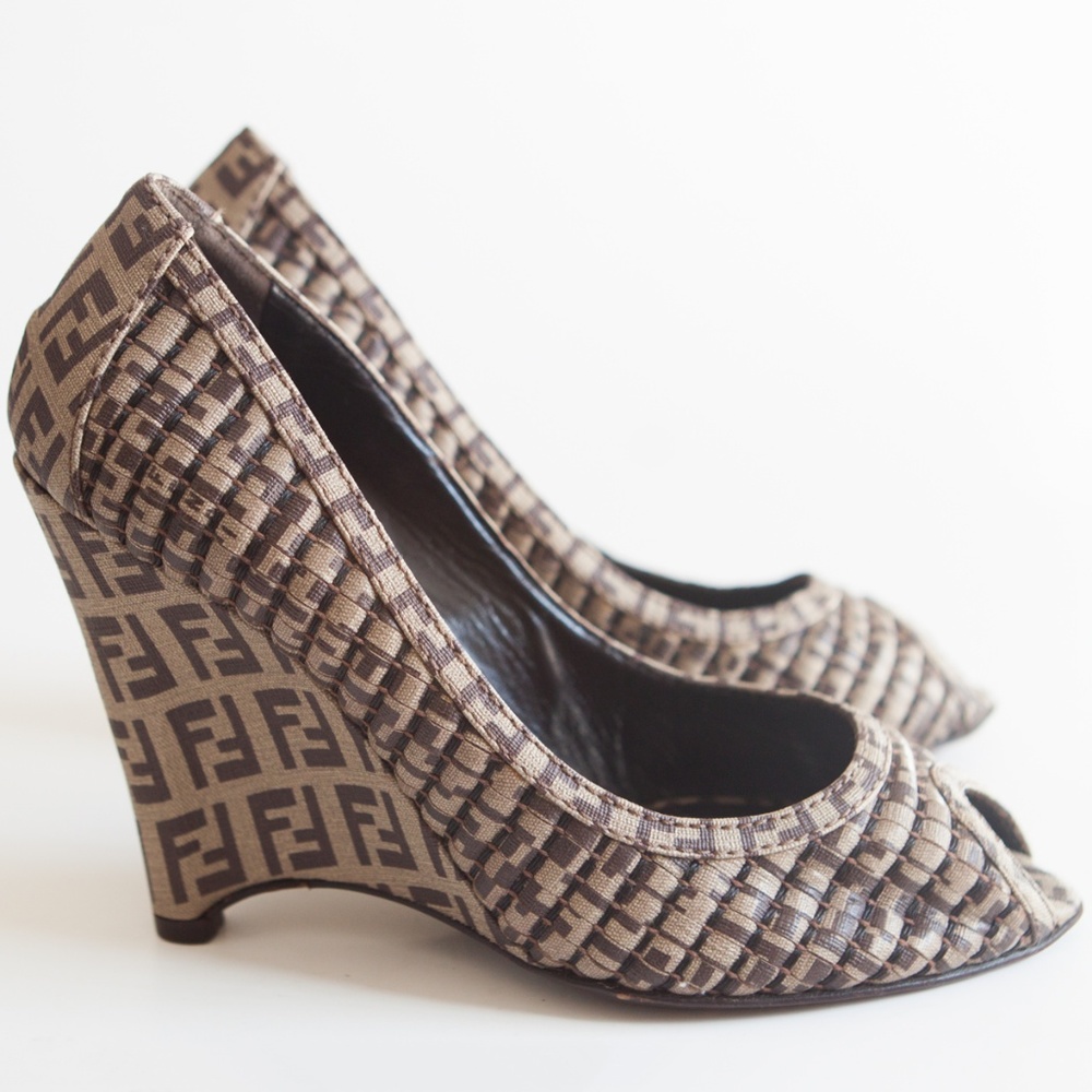 SOLD! FENDI Zucca Peep-Toe Wedges - Picture 7 of 8